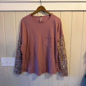 NWOT Free People Mauve Top with Sequin Sleeves, Size Small (Oversized Fit)